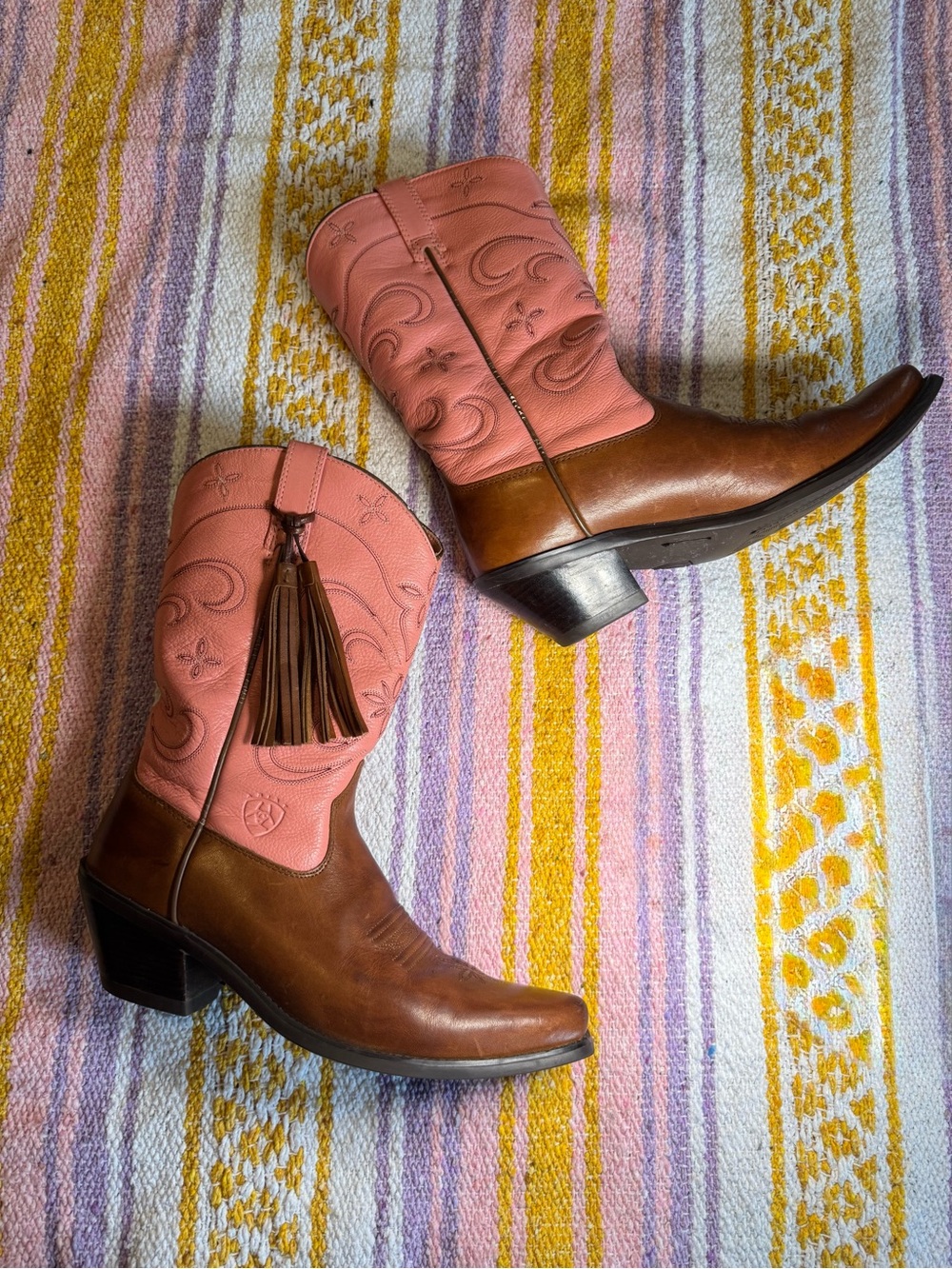 Ariat Coral Pink & Brown Tassel Western Ankle Boots